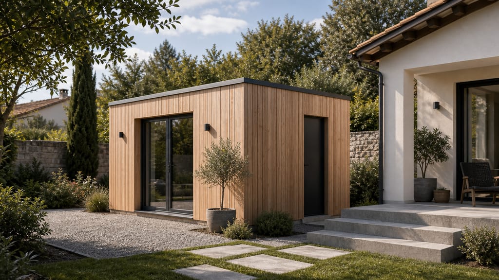Abri de jardin et emprise au sol Maison avec annexe bois et volume secondaire visible