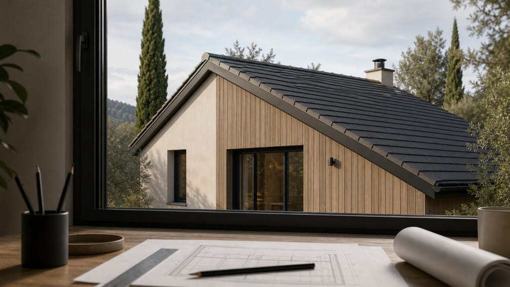Angle de toiture et pente Toiture contemporaine avec lignes inclinées visibles