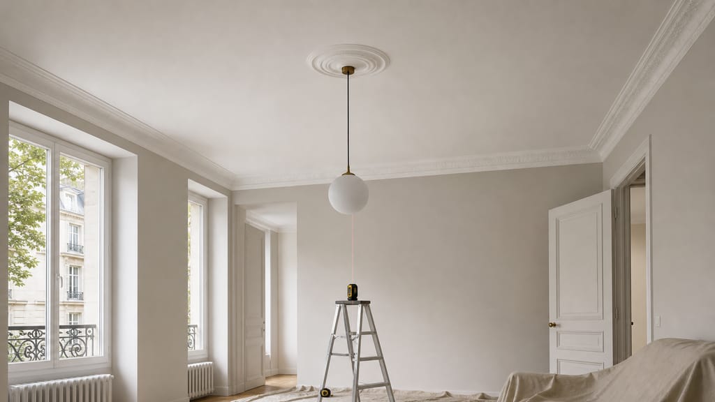 Pièce lumineuse avec plafond blanc et suspension ronde