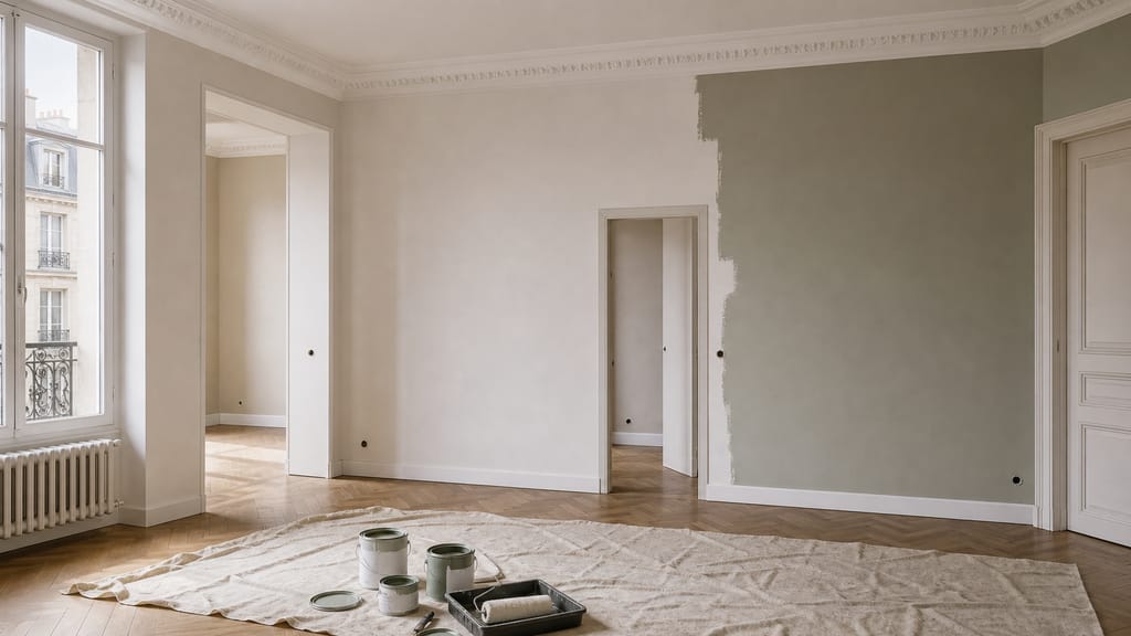 Pièce lumineuse avec murs clairs, plafond blanc et ouvertures visibles