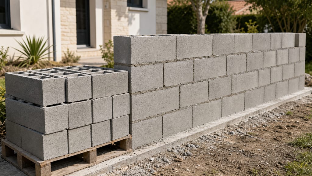Nombre de parpaings au mètre carré Mur maçonné et structure brute dans un intérieur en chantier