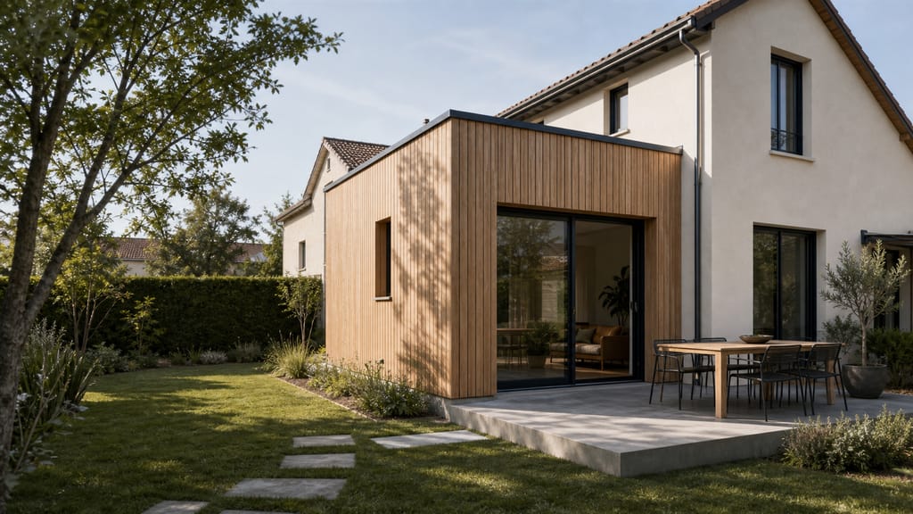 Maison en bois avec volume principal et annexe dans un environnement naturel
