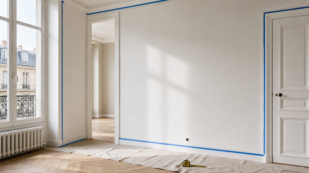 Salon clair avec grand mur blanc, canapé bas et lumière naturelle