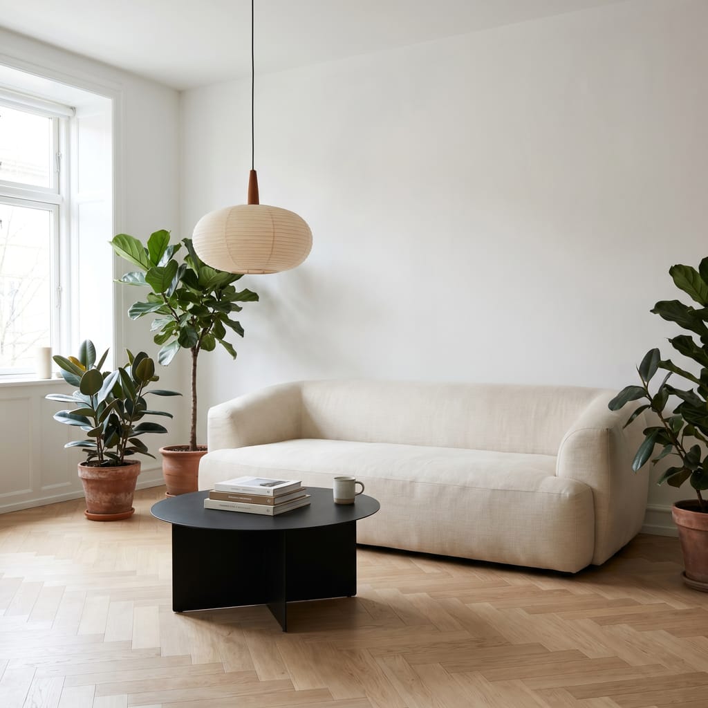 Intérieur d'architecte au salon épuré, murs blancs chaulés, parquet chêne en chevron, canapé crème, lumière douce d'une baie orientée nord