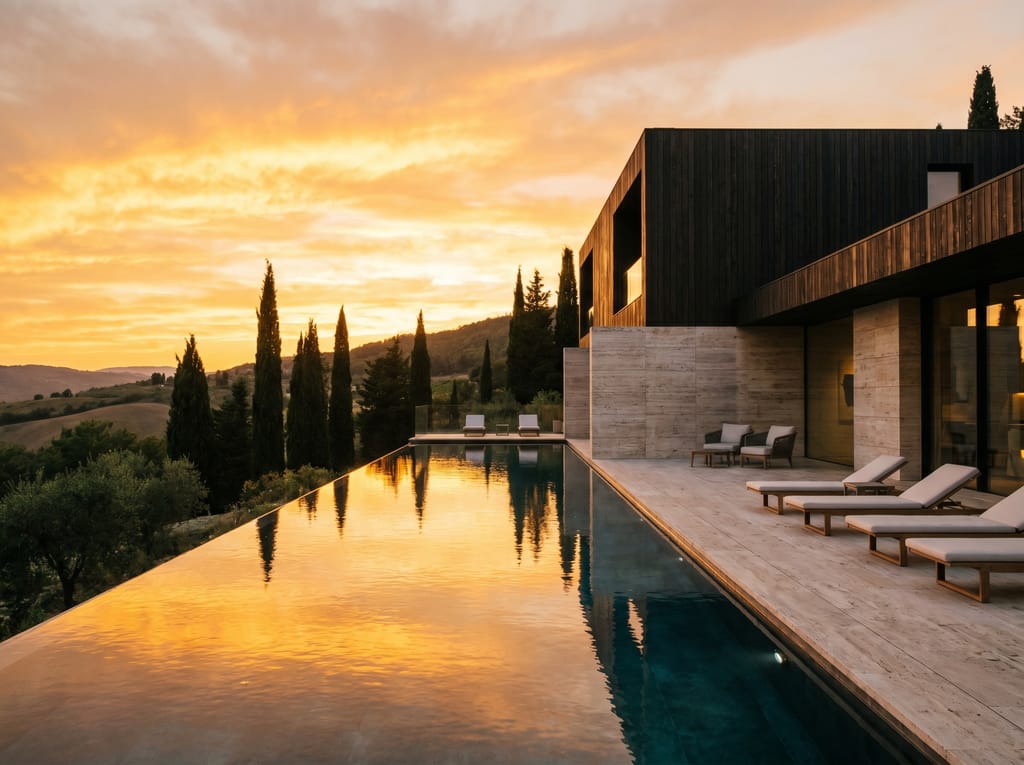 Maison d'architecte en bardage bois sombre et travertine, piscine à débordement reflétant le ciel au coucher de soleil