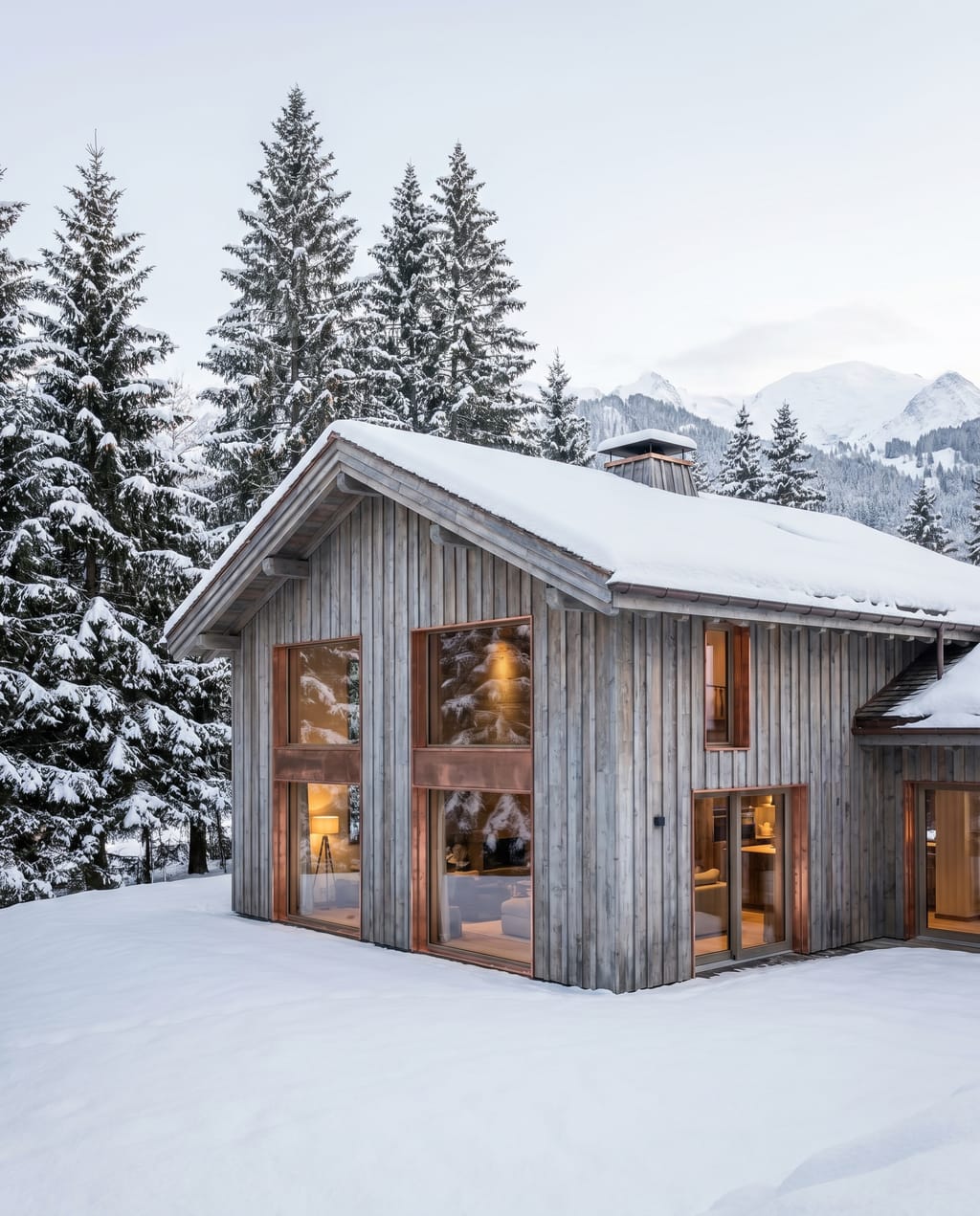 Maison Forêt à Megève, bardage vertical en mélèze argenté, baie cuivre, neige et épicéas