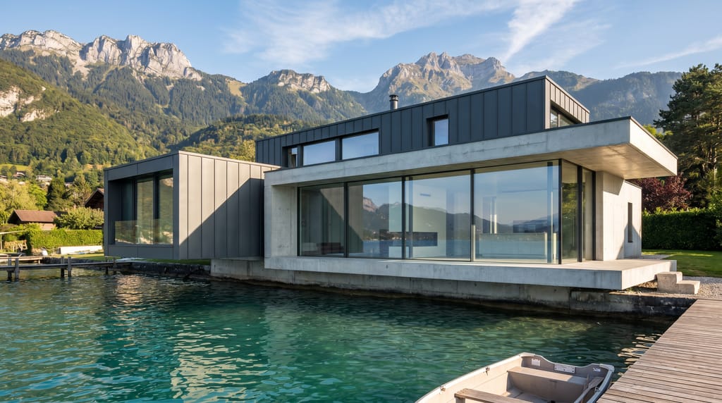 Maison Lacustre au bord du lac d'Annecy, architecture en porte-à-faux au-dessus de l'eau cristalline, toit zinc, vue sur les Alpes