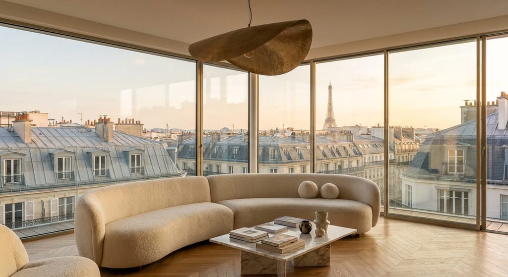 Penthouse parisien au coucher de soleil, baies sur les toits haussmanniens et la Tour Eiffel à l'horizon