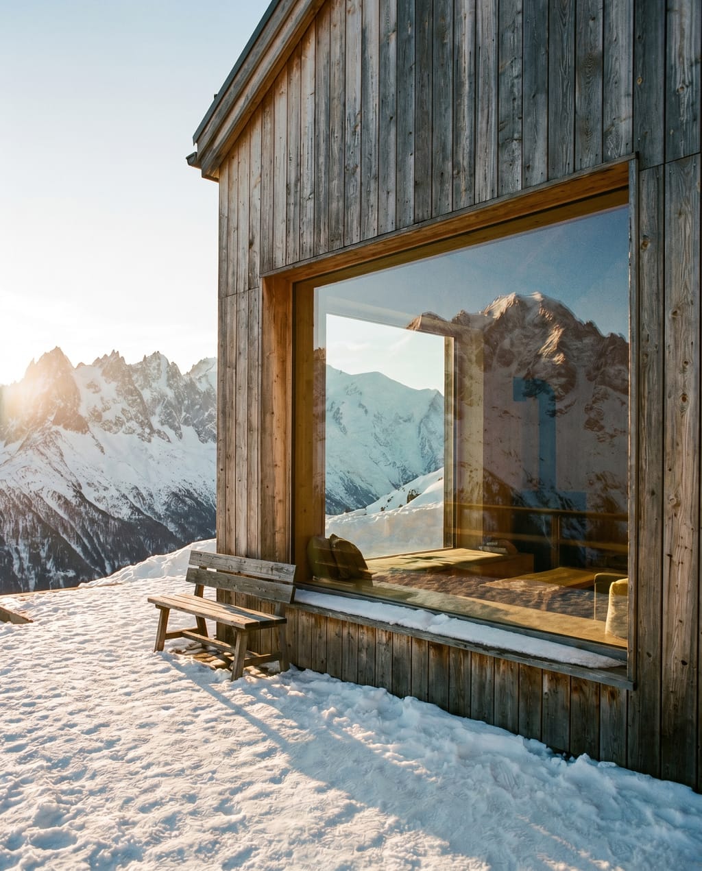 Refuge Belvédère à Chamonix, bardage en mélèze patiné, large baie panoramique cadrant le massif du Mont-Blanc enneigé
