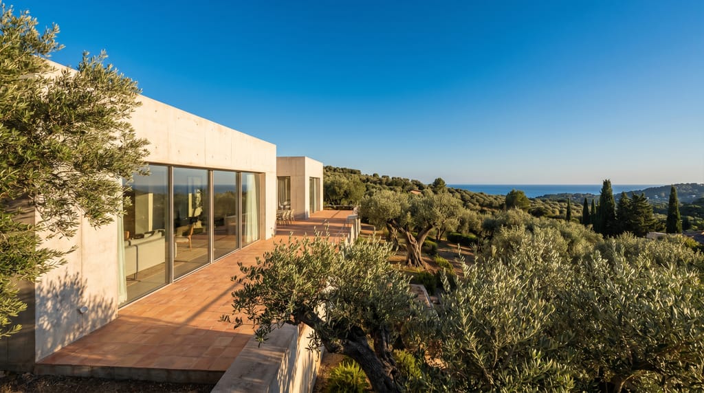 Villa Aurora à Saint-Paul-de-Vence, nef de béton clair poli posée sur une oliveraie centenaire, ouvertures larges sur la baie