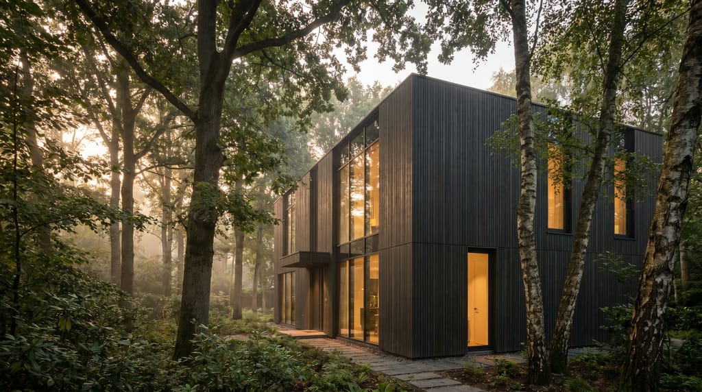 Villa contemporaine d'architecte au bardage bois anthracite, baies vitrées éclairées au crépuscule, intégrée dans une forêt mature
