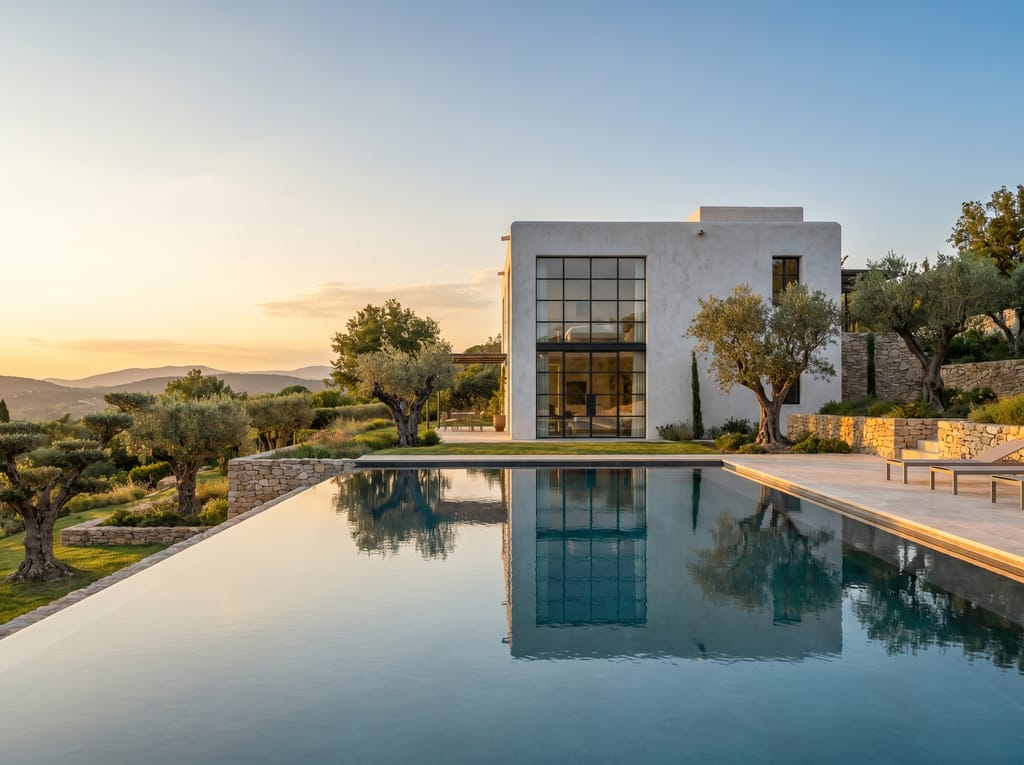 Villa moderne méditerranéenne aux murs chaulés blancs, piscine miroir, oliviers, lumière dorée de Provence