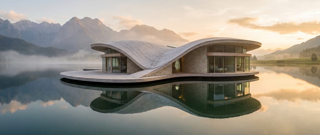 Villa d'architecture organique aux lignes courbes en pierre claire et bois pâle, posée au-dessus d'un lac alpin, reflet miroir sur l'eau, montagnes en arrière-plan